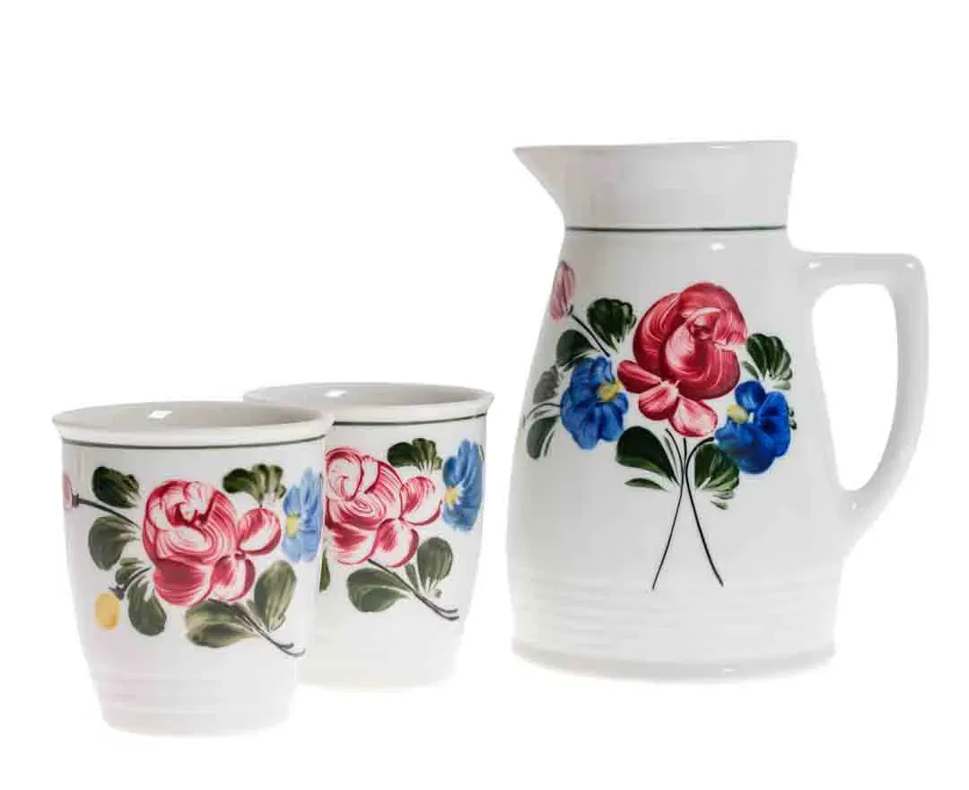LILIEN PORZELLAN Handgemalter Krug mit 2 Tassen mit Blumenmotiv - Bild 1