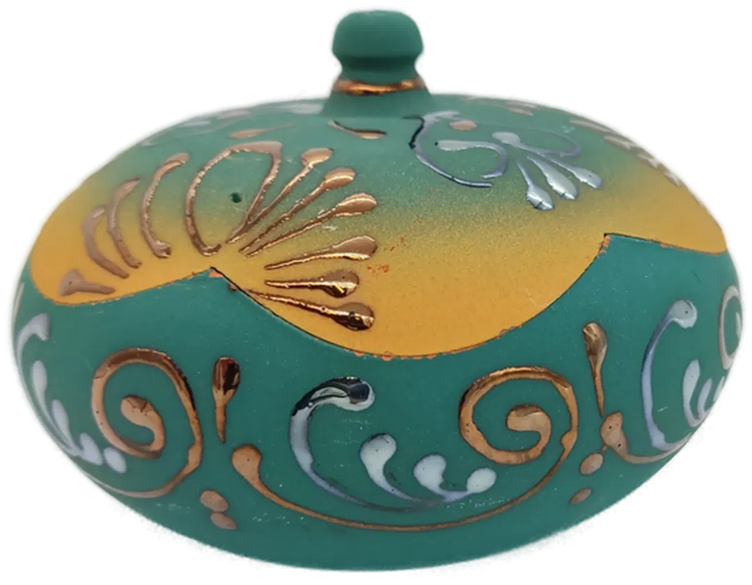 Dose mit Deckel aus Ton, bemalt und reichlich verziert - Bild 3