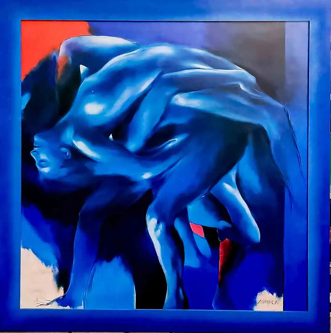 Daniel Ganser, 1992 Großes Aktbild „Blaue Körper“ auf Spannholz im blauen Rahmen 109x109 cm - Bild 1