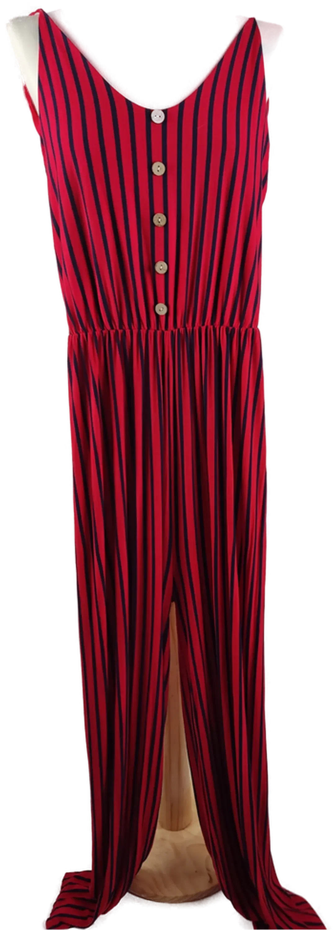Damen Jumpsuit Ärmellos, rot mit blauen Streifen und Knopfdetail, Gr. M - Bild 1