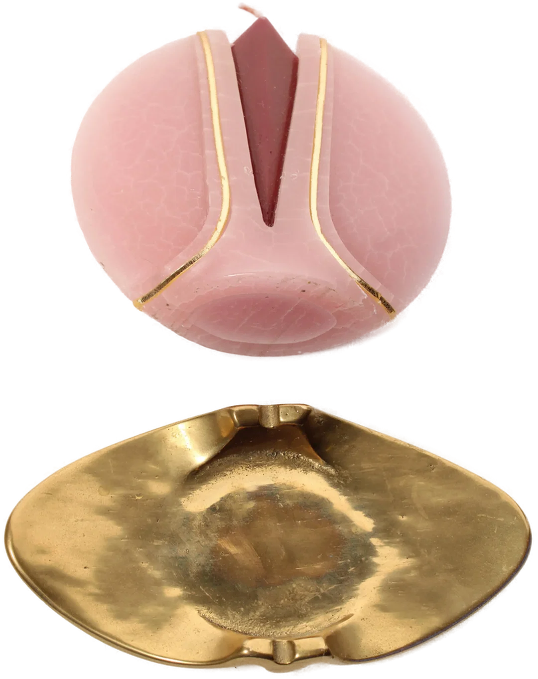 Vintage Deko-Kerze mit Messinghalter – Rosa-Rot mit Goldakzenten – Bild 3