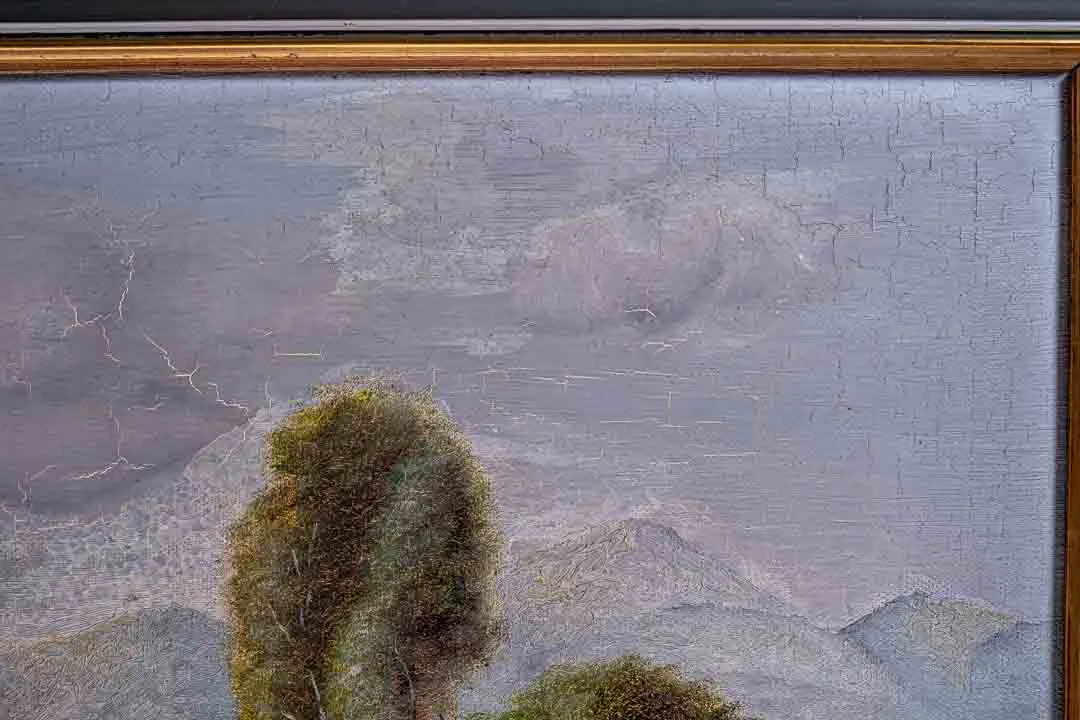 Vintage Gemälde Landschaft Fluß mit Gebirge von P. Weber 1955 – Bild 3