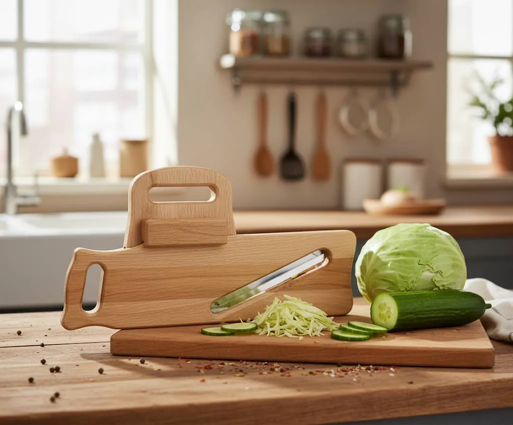 Hobel aus Holz – traditioneller Gemüsehobel mit Edelstahlklinge und Schneidebrett - Bild 4