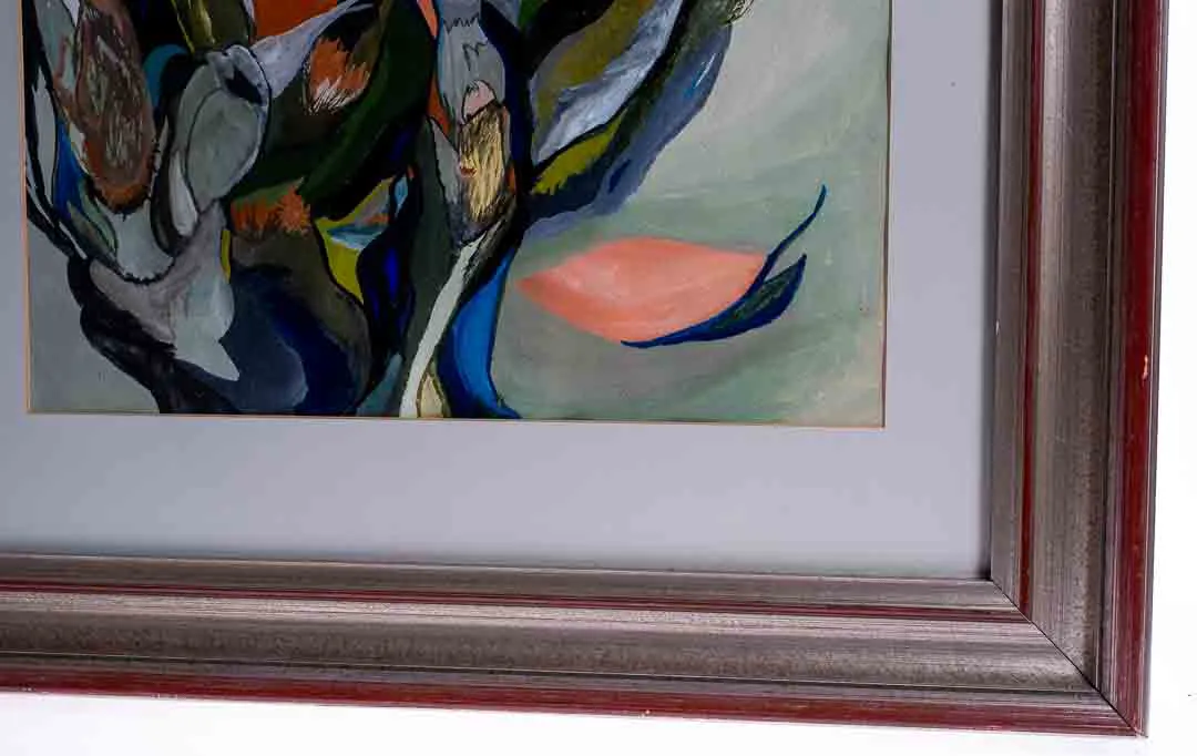 Gemälde mit abstraktem Blumenmotiv in Passepartout und rötlichem Holzrahmen – Bild 2