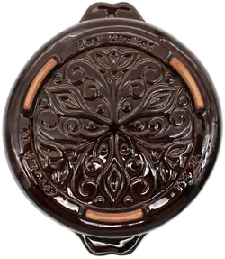 Keramik-Auflaufform, braun glasiert, Ø ca. 21,5 cm, Tiefe ca. 5,5–6 cm, Westdeutschland, Griffe mit Herz-Ösen - Bild 3