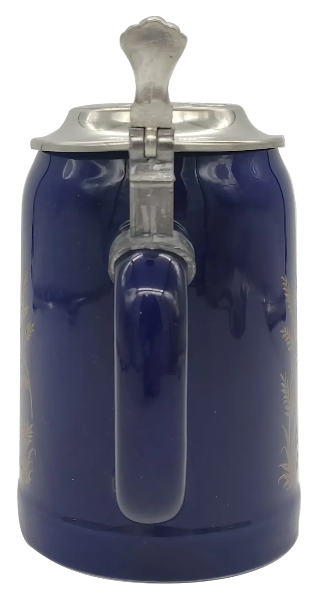 Jagdkrug/Bierkrug aus Porzellan mit Deckel in blau-gold, Höhe 17cm – Bild 3
