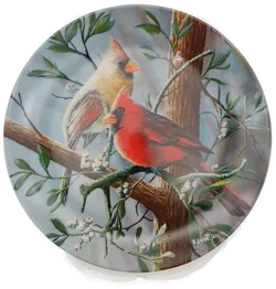 Porzellan Sammlerteller von Edwin M. Knowles, 3er Set, Kollektion Birds of Your Garden, "Ther Cardinal", "The Baltimore Oriole", "The Chickadee", von 1985 mit Wandhalterung – Vorschau 5