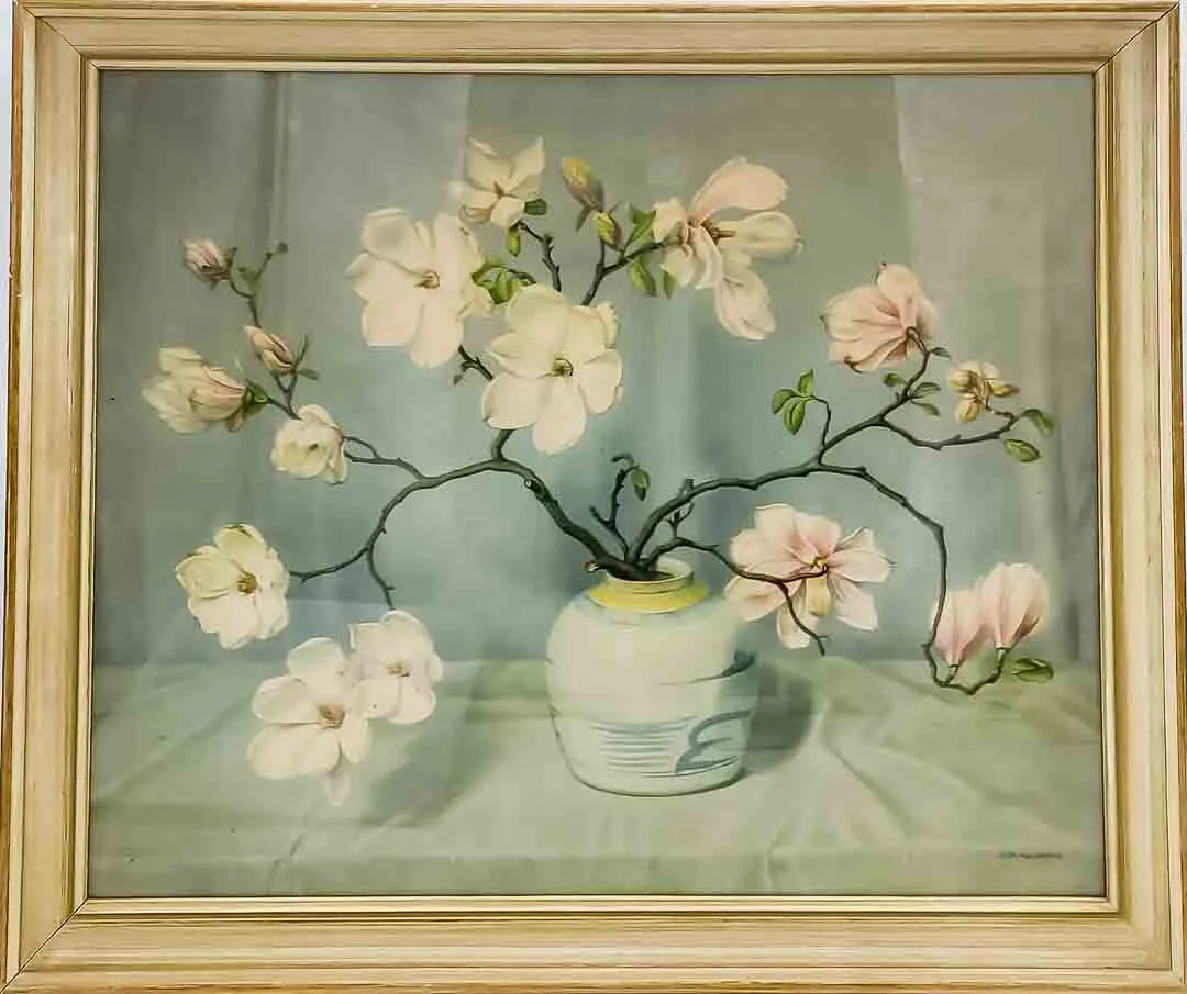 Klassisches Stillleben „Magnolien“ – Originalrahmung, aus der Sammlung von Bilder Prat Linz – Bild 1