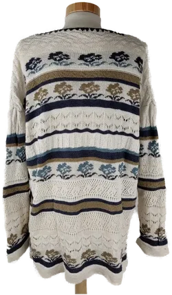 Pullover langarm mit Rundhalsausschnitt, gestrickt mit verschiedenen Mustern, beige/blau/braun, Größe XL (geschätzt) - Bild 3