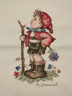 M. J. Hummel Vintage Kreuzstich-Bild: Junge mit Wanderstab - Bild 1
