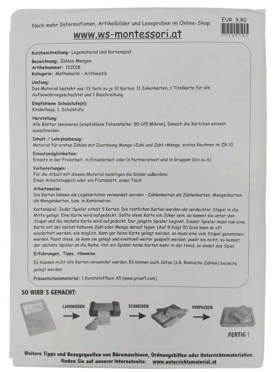 Spiel "Arbeitsmaterial-Zahlen-Mengen, Legen-Rechnen-Spielen" - Wolfgang Schmidt – Bild 2