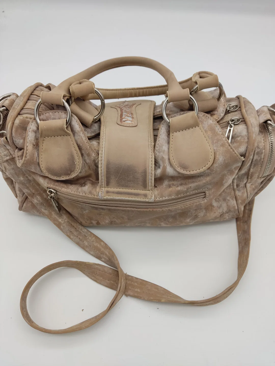 Tasche "Riecker", beige/hellbraun gemustert, mit Außentaschen, Griffen und Riemen, Größe ca. 38 x 19 x 16 cm – Bild 5