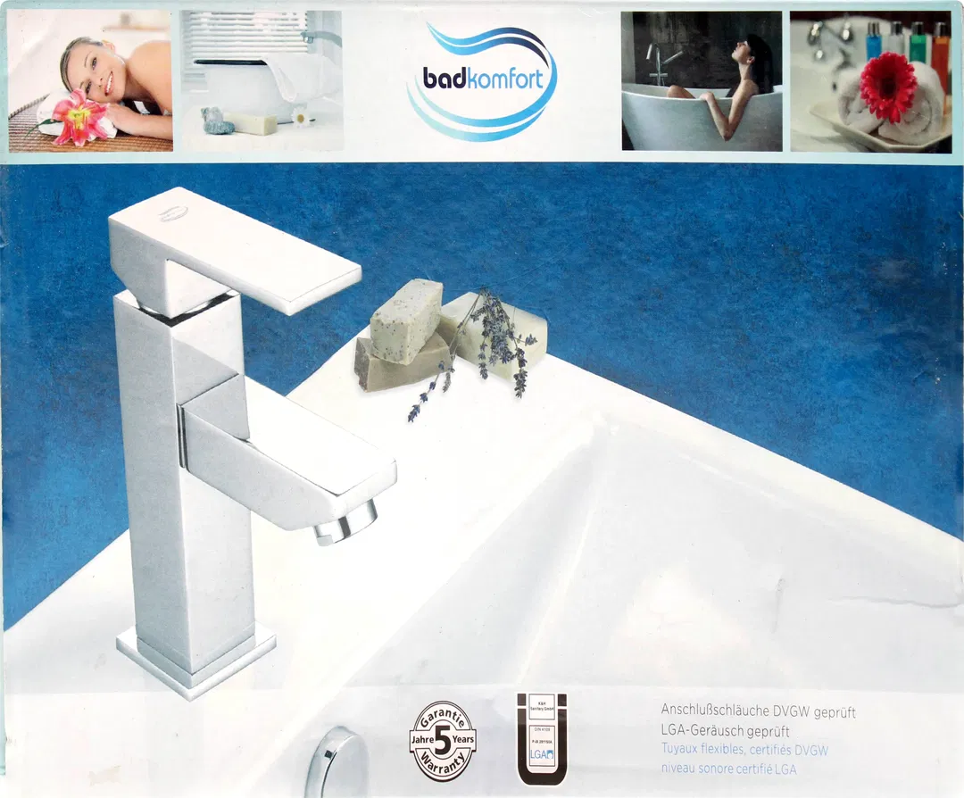 Badkomfort — Design-Waschtischarmatur Einhebelmischer, Chrom — Neu in OVP (Art. 110-0011, Barcode 4260105554976) - Bild 2