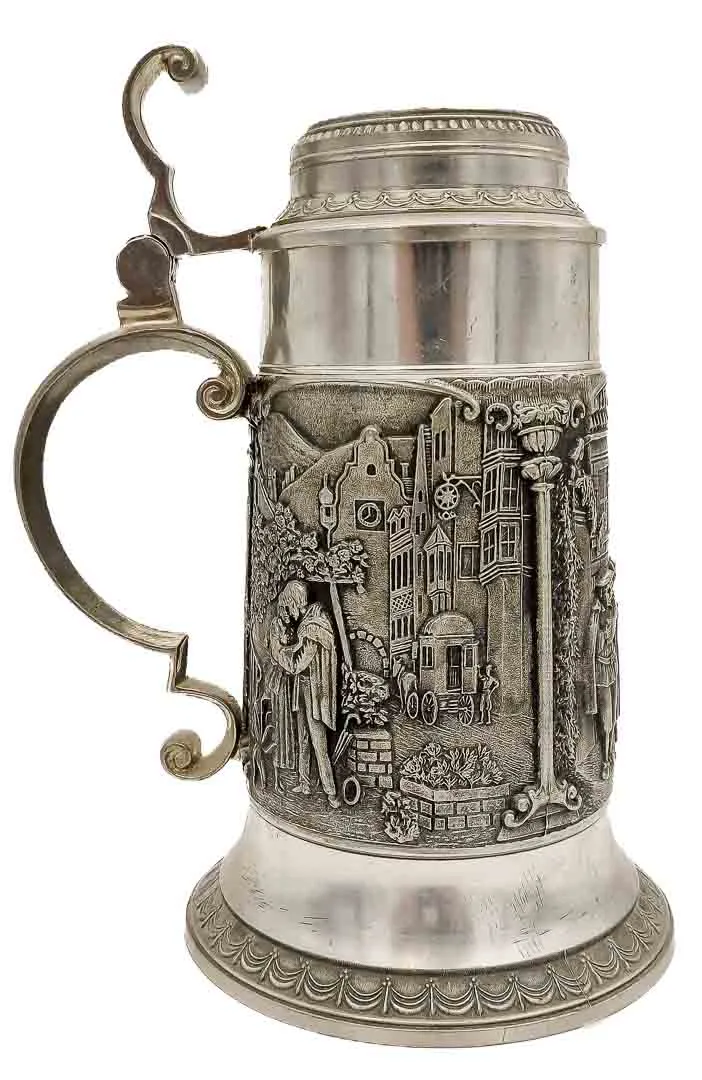 Vintage Zinn-Bierkrug mit Stadtleben-Motiven, 95% Zinn - Bild 1