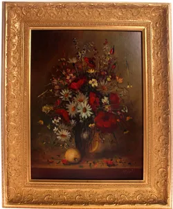 Ölgemälde Blumenstillleben – signiert, Öl auf Platte, 30x40 cm, mit Goldrahmen - Bild 1
