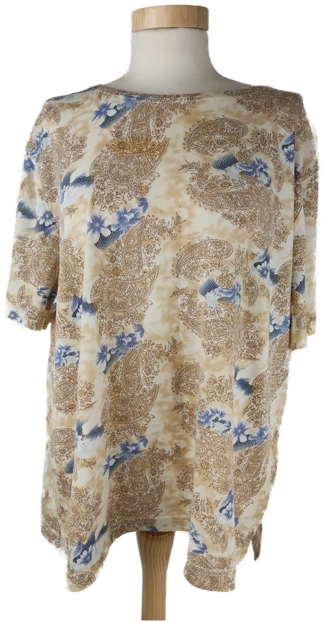 T-Shirt kurzarm mit Rundhalsausschnit, beige/braun/blau gemustert, Größe 44 (geschätzt) - Bild 1