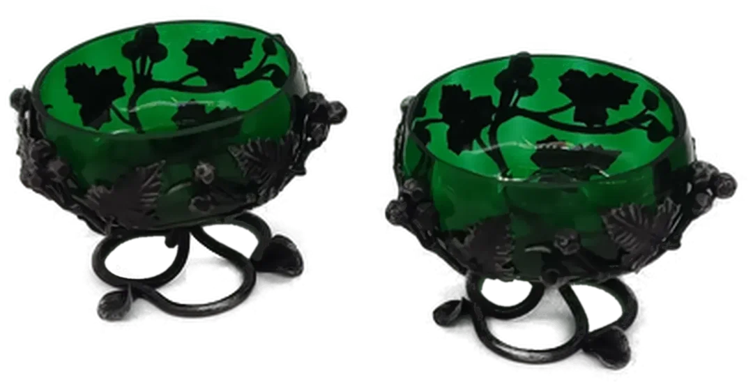 Antikes Fruchtschalen-Set mit Weintraubenmotiv aus Gusseisen und Glas in grün-schwarz, 3 Stück – Bild 2