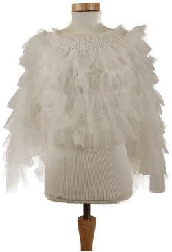 Damen Bluse weiß mit Tüll-Volants, Unterfüttert, Gummizug am Ausschnitt, Gr. S/M - Bild 1