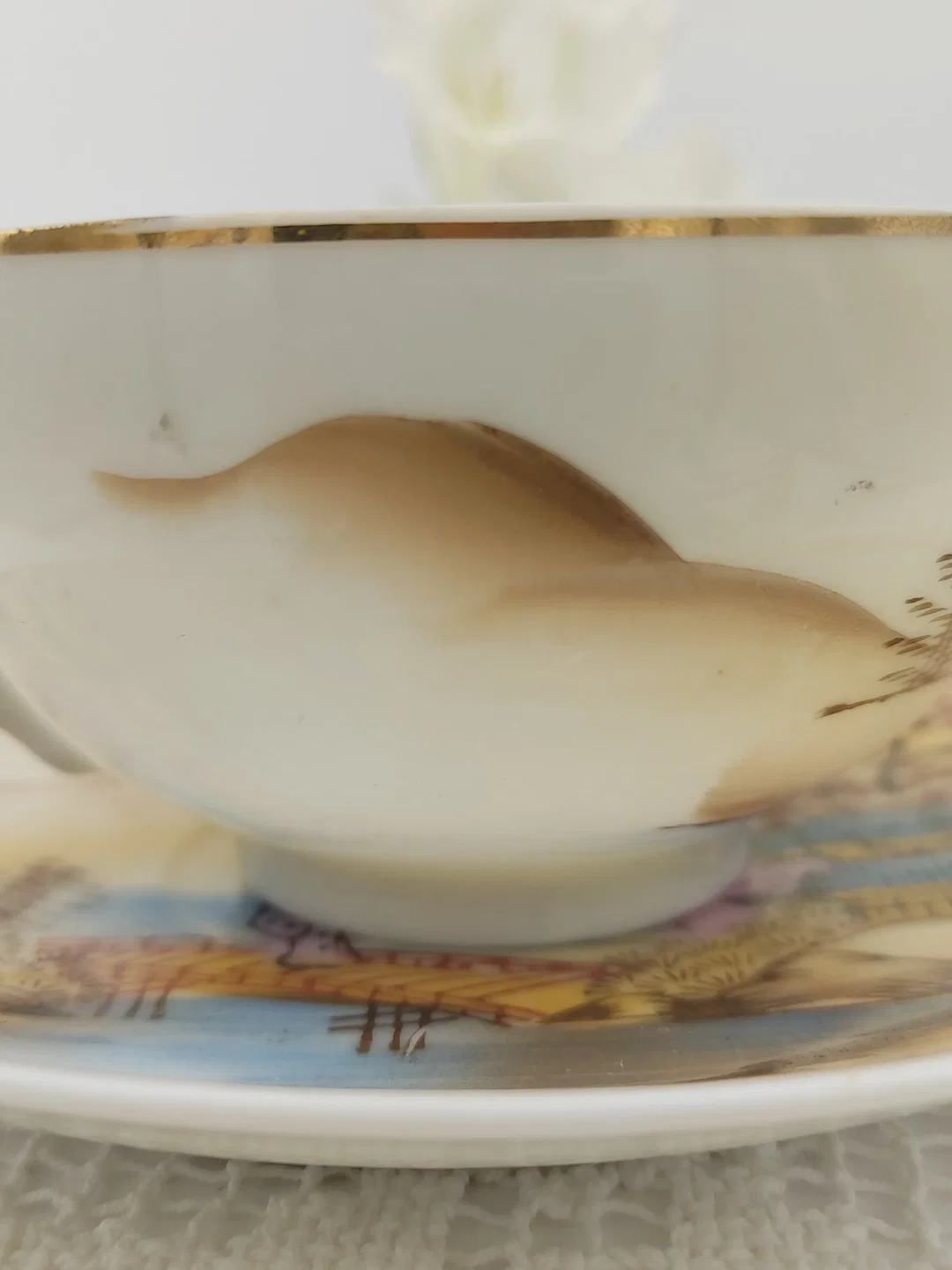 Japanische Teetasse mit Untertasse 4er-Set Porzellan Landschaftmotiv | Asiatische 'Kutani' Stil – Bild 11