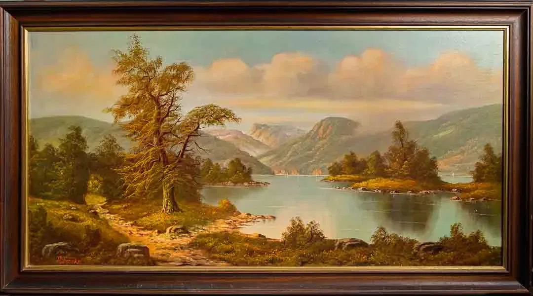 Gemälde Landschaft am See im Holzrahmen, 113 x 62 cm - Bild 1
