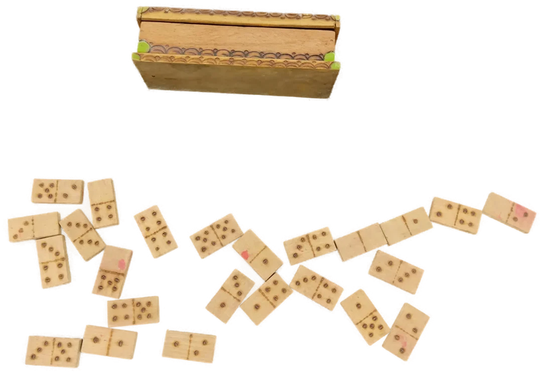 Altes Holzspielzeug "Spiel mit mir" Domino mit Leder Beutel – Bild 4