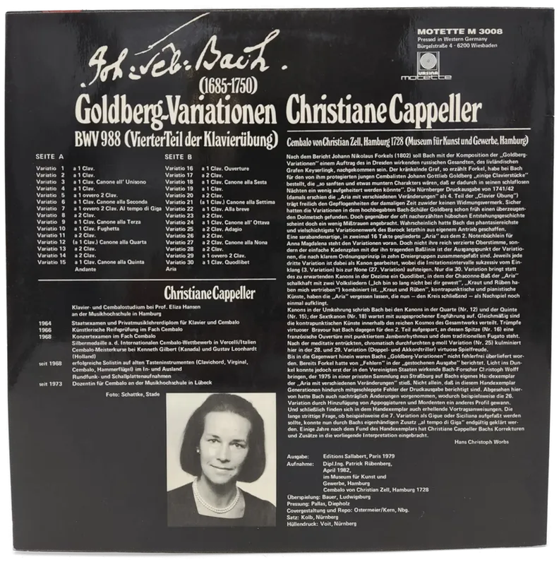 Vinyl LP - Christiana Cappeller - Goldberg Variationen BWV 988 – Bild 2