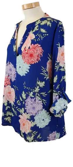 Damen Bluse blau mit bunten Blumen, Ärmelriegel, Gr. L - Bild 2