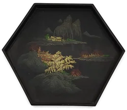 Vintage Japanisches Lacktablett mit Chinoiserie Dekor, D/ ca. 26 cm - Bild 3