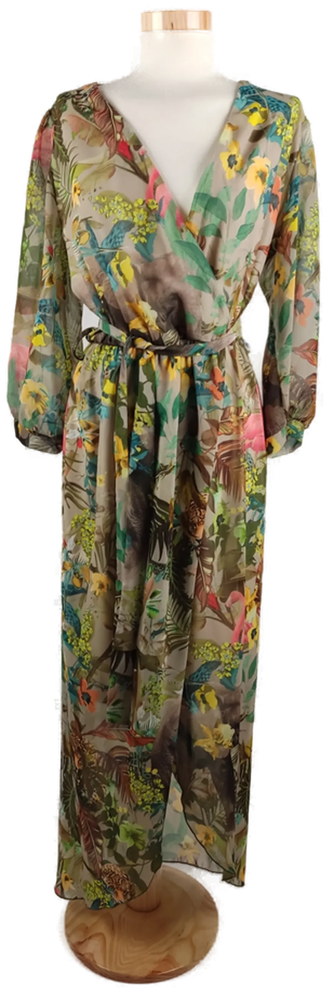 Damen Maxi Kleid, Dschungel-Print, Grün, Bindegürtel und V-Ausschnitt, Gr. 44 - Bild 1