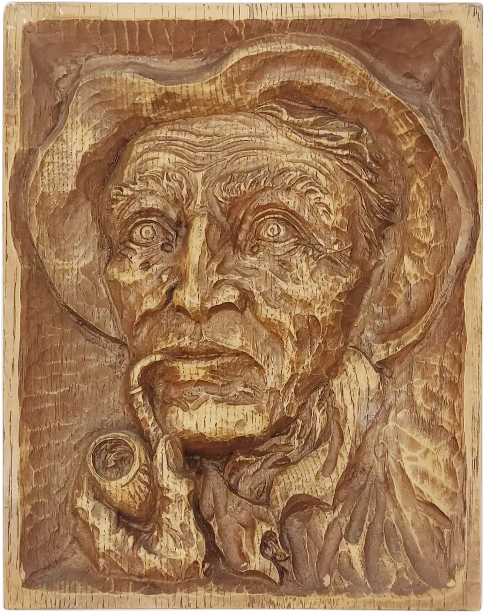 Geschnitztes Relief aus Holz / Wanddekoration mit altem Pfeife rauchendem Mann in braun - Bild 1