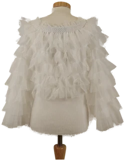 Damen Bluse weiß mit Tüll-Volants, Unterfüttert, Gummizug am Ausschnitt, Gr. S/M - Bild 3