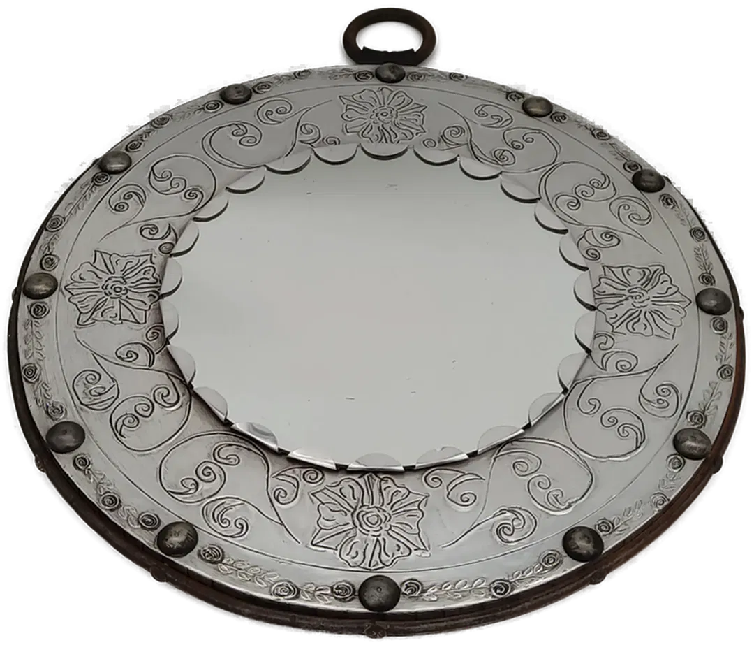 Runder Wandspiegel auf verzierter Metallplatte mit Holzrahmen - Bild 1