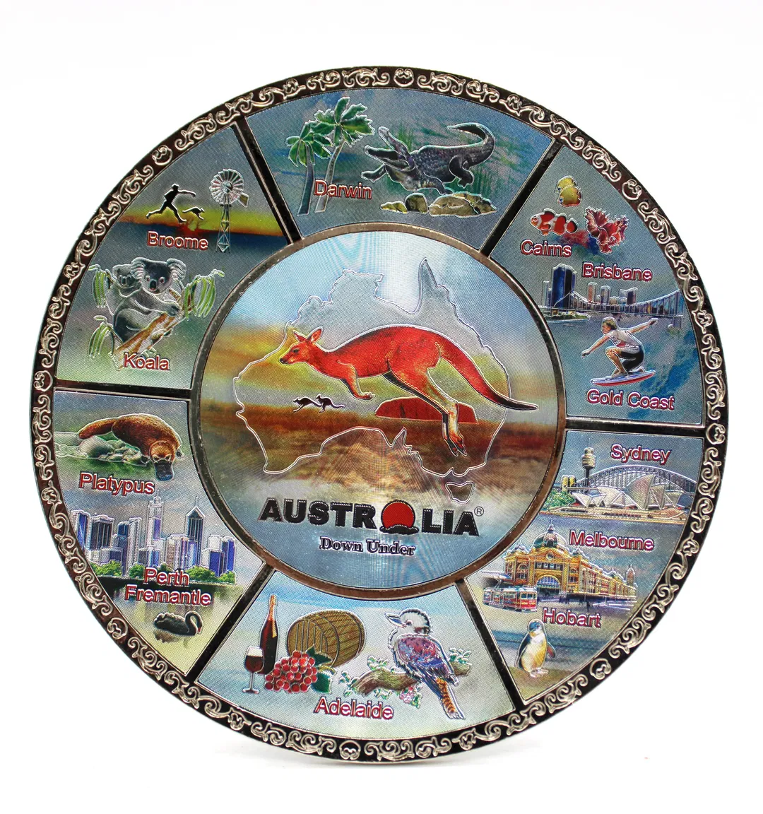 Australien Souvenirteller Ø 15 cm – Motiv „Down Under“ mit Städten & Tieren, farbig - Bild 1
