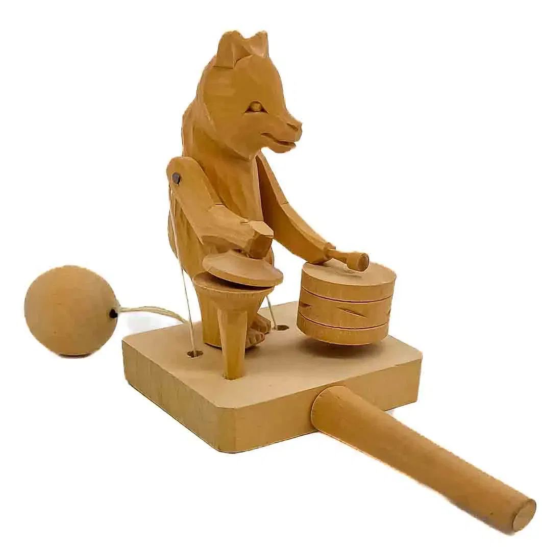 Vintage Russischer Bär Holz handgeschnitzt Spielzeug Becken Trommeln beweglich - Bild 1