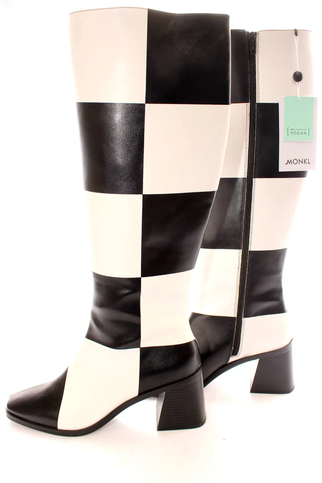 MONKI Damen Stiefel Größe 40 – Schwarz/Weiß Check Muster – PETA Vegan – Absatz 6,5 cm – Bild 2