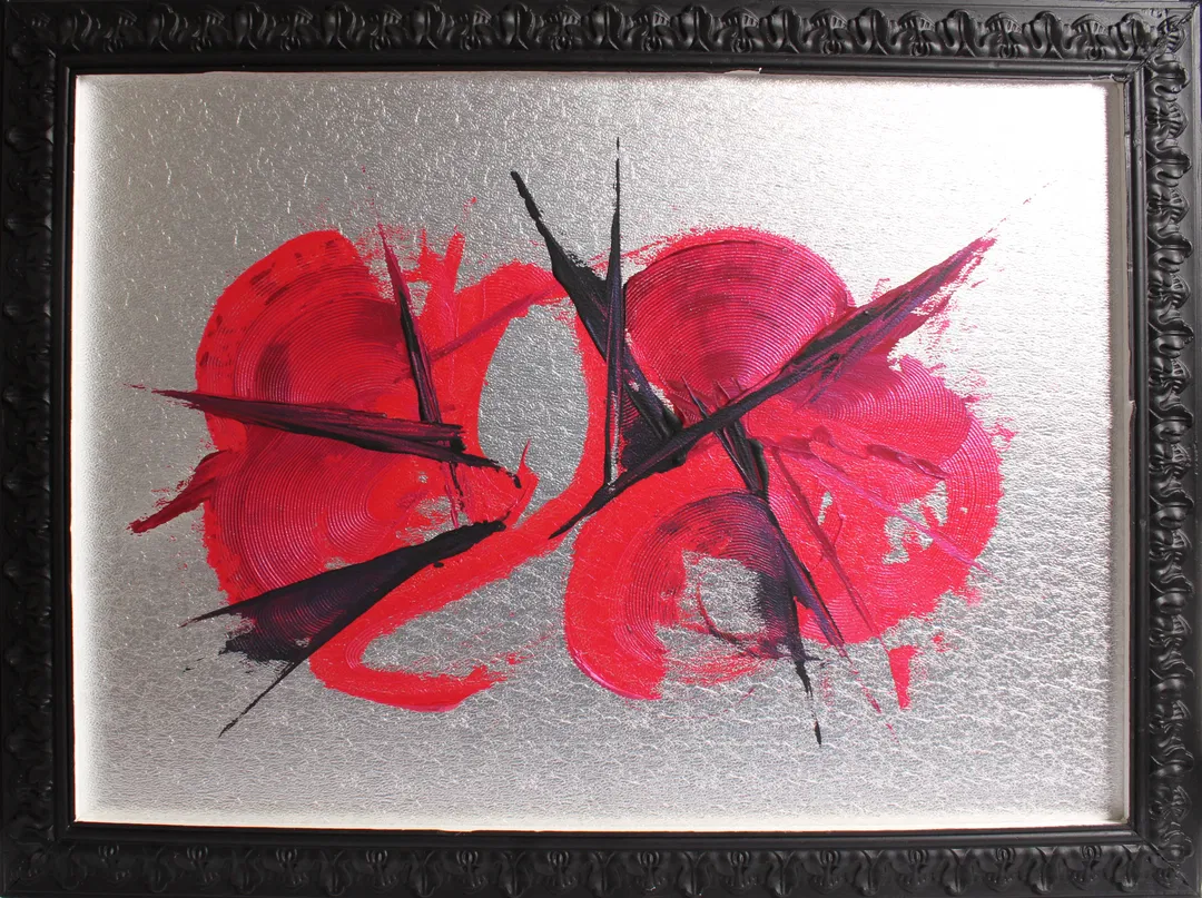 Bild Abstraktes Original Gemälde auf Leinwand – Rot/Schwarz auf Silber – gerahmt – 89 × 68 cm, Signiert - Bild 4