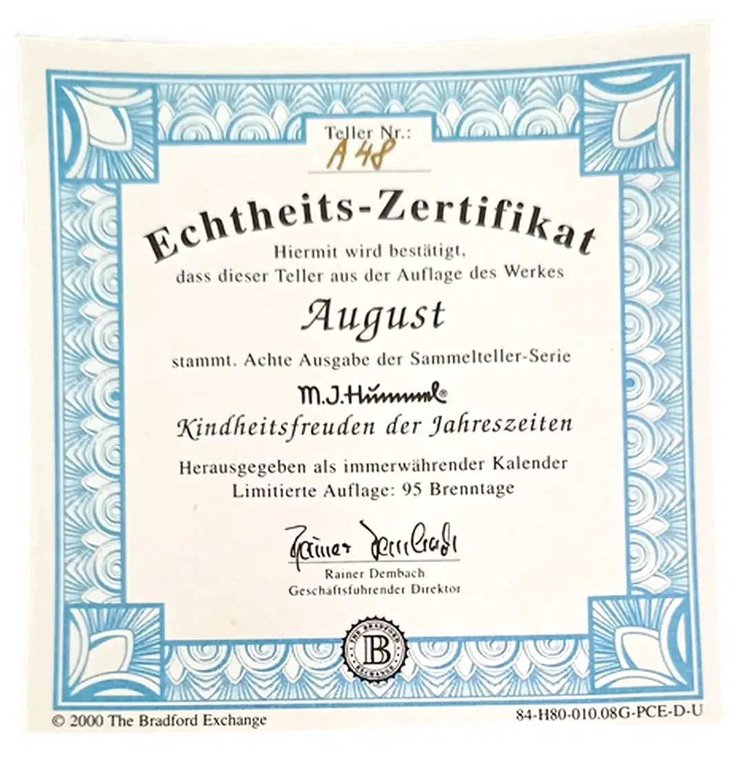 Sammelteller „Kindheitsfreuden der Jahreszeiten“ von M.I. Hummel - August (Teller A 48) – Bild 3