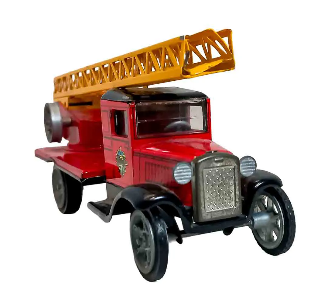 Vintage Feuerwehr Leiterwagen Blechauto 21 cm rot - Bild 1
