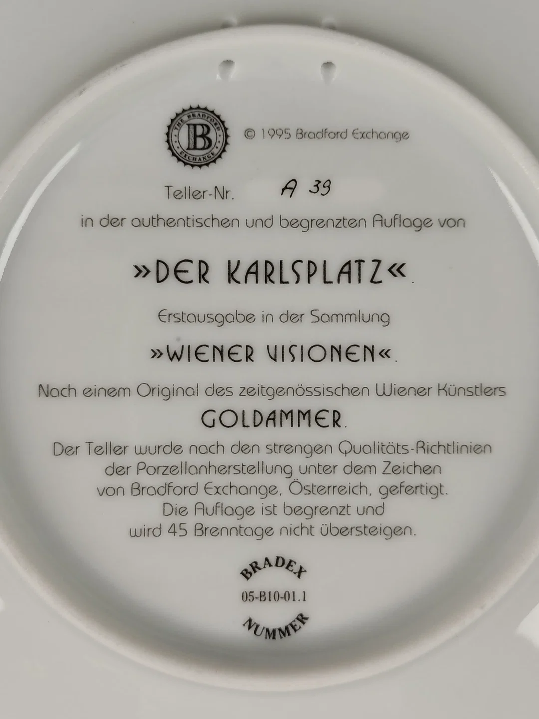 Bradfort Exchange Porzellan - Sammelteller "Der Karlsplatz" Goldammer / Teller-Nr.: A 39 – Bild 3