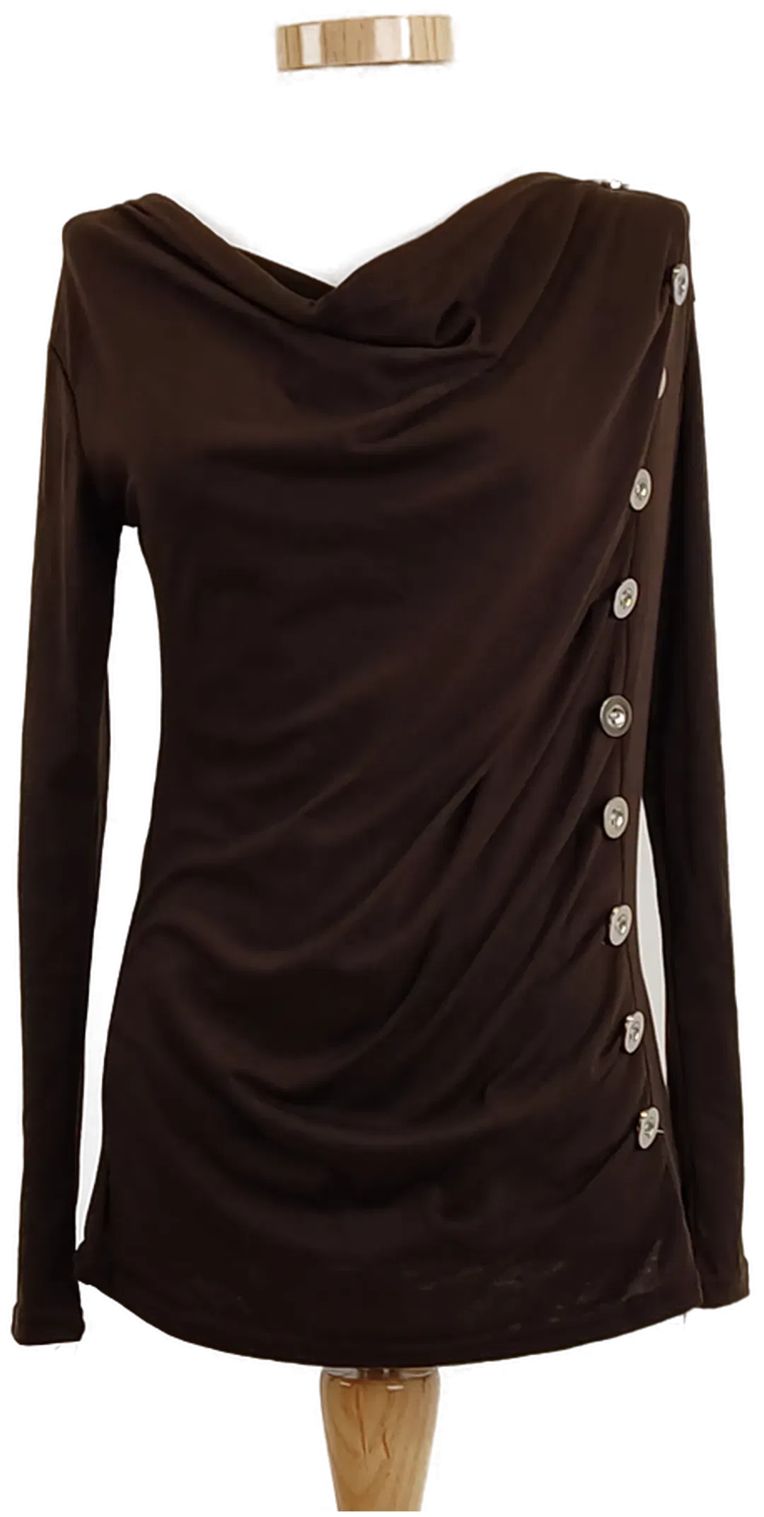 Damen Shirt Langarm, Braun, seitlich gerafft mit Knöpfen, Gr. S - Bild 1