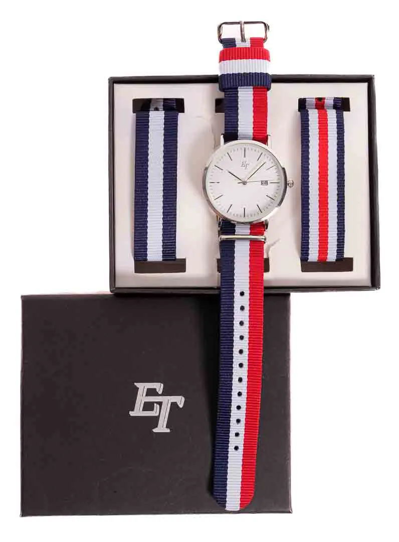 ET Quarz Armbanduhr, weißes Zifferblatt, Datum mit 3 Bänder - Bild 1