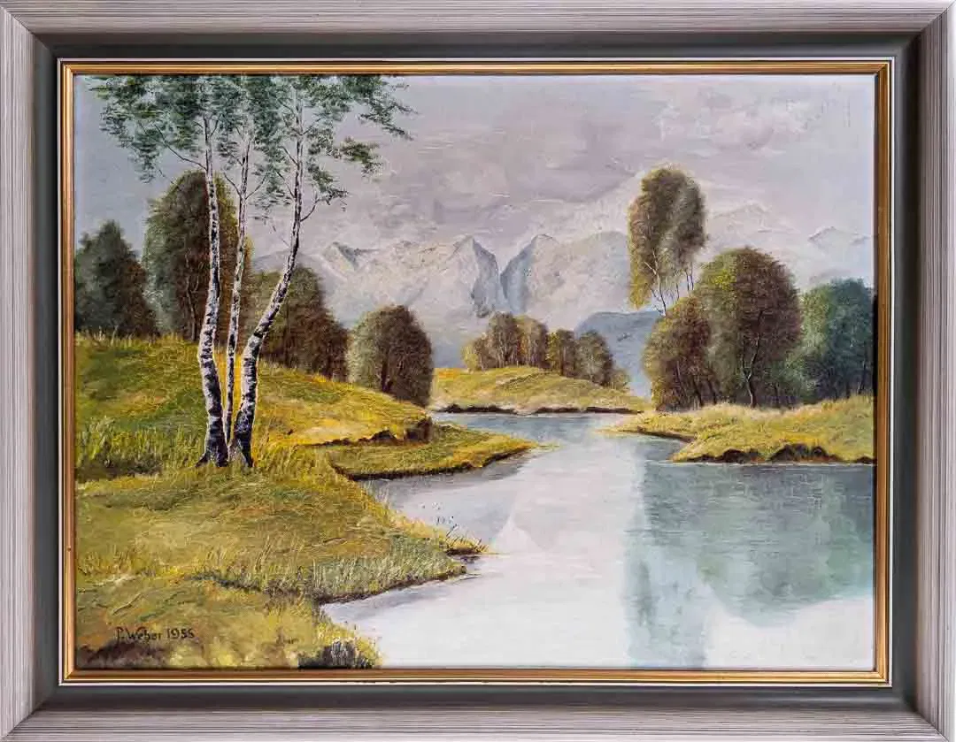 Vintage Gemälde Landschaft Fluß mit Gebirge von P. Weber 1955 - Bild 4