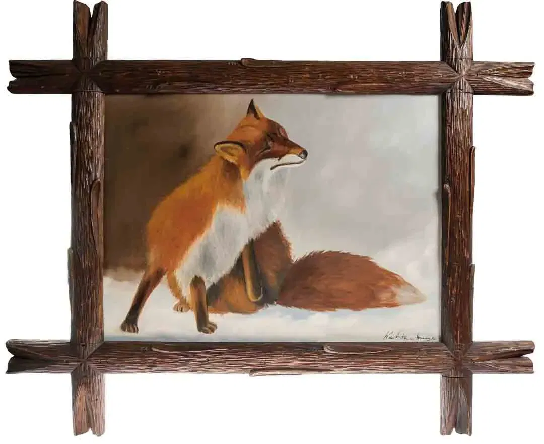 Fuchs im Schnee – Ölbild, rustikaler Holzrahmen, signiert 1986, 90×76,5 cm - Bild 4