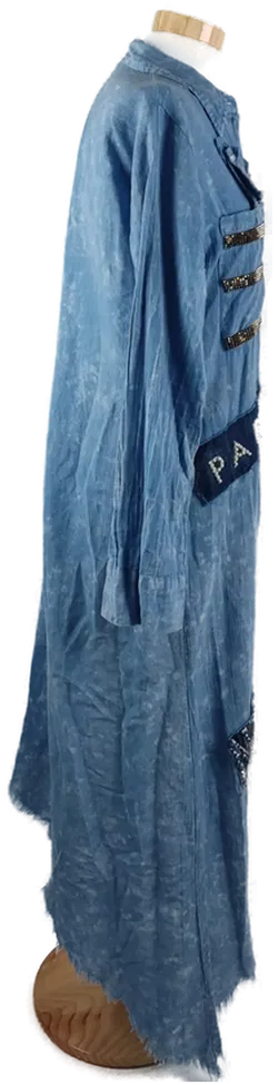 Asymmetrisches Langes Damenkleid in Jeansoptik, Langarm mit Aufnähern, Gr. L - Bild 3