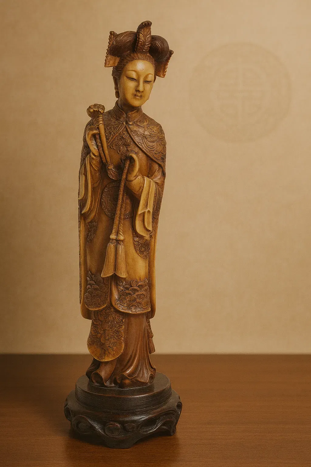 Chinesische Hofdamen-Figur auf Holzsockel, feine Reliefarbeit, Kunstharz in Elfenbeinoptik, ca. 35 cm - Bild 1