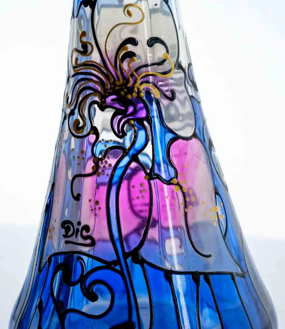 Handbemalte Glasvase mit Blumenmotiv in Blau und Lila 30 cm – Bild 2