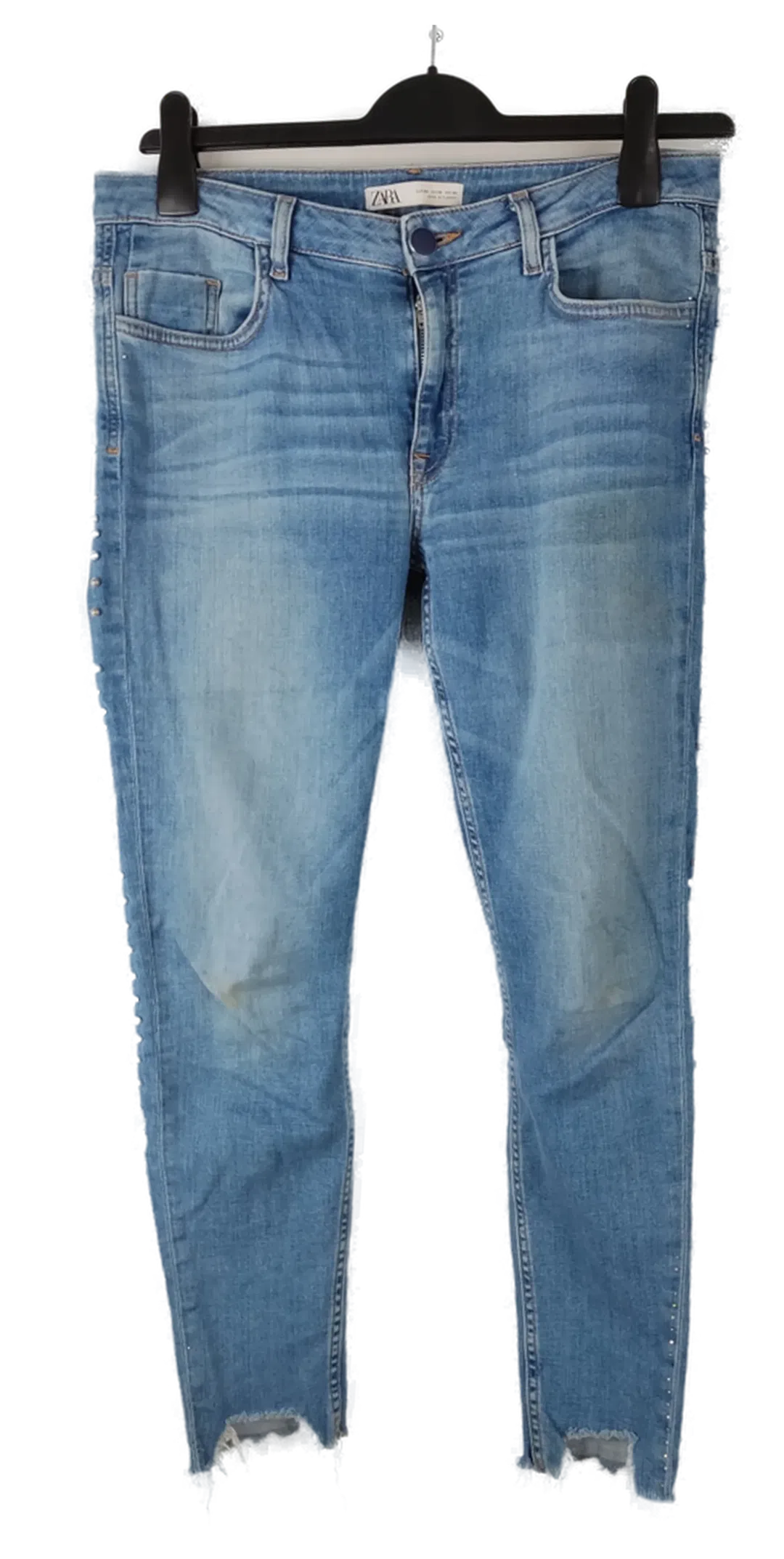 Jeans 'ZARA' lang mit Perlen und Fransen, blaumeliert, Größe 40 - Bild 1
