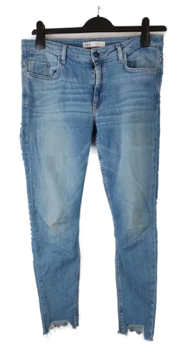 Jeans 'ZARA' lang mit Perlen und Fransen, blaumeliert, Größe 40 - Bild 1