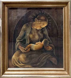 Ölgemälde Madonna mit Kind, signiert R. Moroder 1944, Goldrahmen 58x60cm