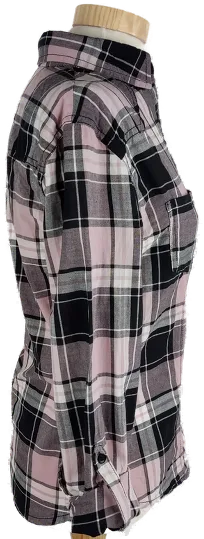 Bluse "Tally Weijl", langarm mit Kragen, rosa/weiß grau/schwarz kariert mit Taschen, Größe 34 – Bild 2